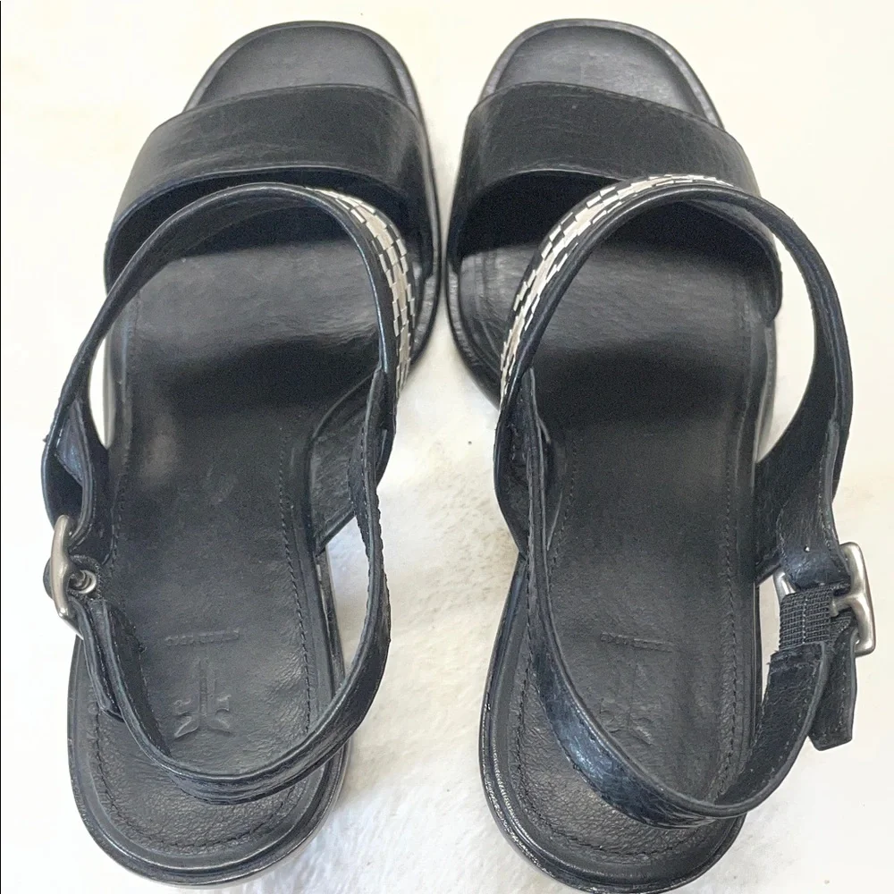 Frye Amy Black Block Heel Sandal with Woven Neutral‎ Accent